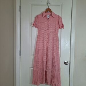 The Nines By Hatch Pink Red Polka Dot Button Down Maxi Shirt Dress Size XS